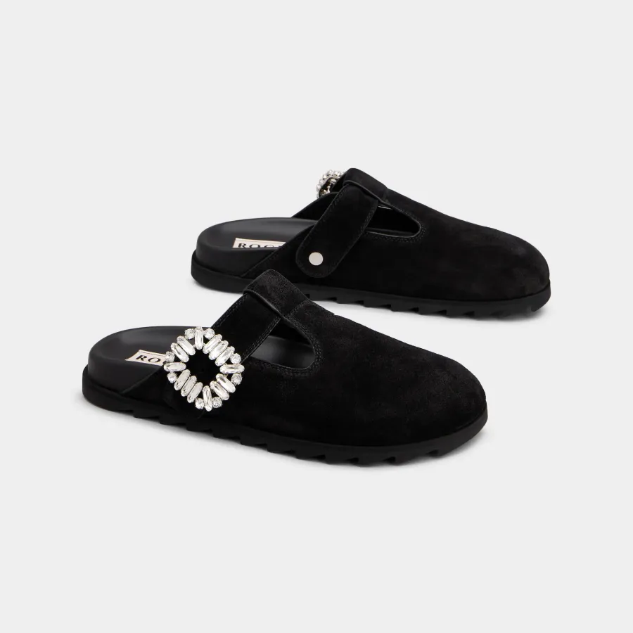 Roger Vivier Slidy Viv' Mules Birkenstocks In Black Suede With Crystal Buckle