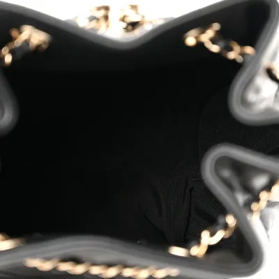 Chanel CC Dweller Drawstring Bucket Small Black Quilted Lambskin Leather Light Gold Hardware