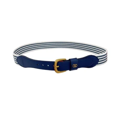 Valentino Square Buckle Belt In Black/Blue Calfskin And Brown/Blue Canvas With Gold/Silver Hardware 25mm