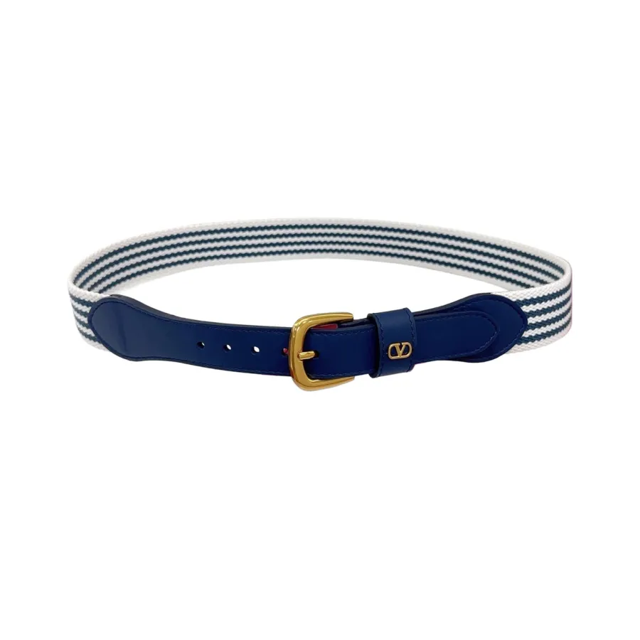Valentino Square Buckle Belt In Black/Blue Calfskin And Brown/Blue Canvas With Gold/Silver Hardware 25mm