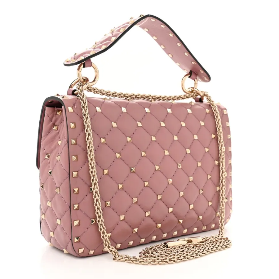 Valentino Garavani Medium Rockstud Spike Shoulder Bag Antique Rose Lambskin Leather Light Gold Hardware