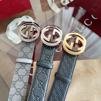 Gucci Men's Interlocking G Buckle And Interlocking G Belt In Black/Brown Marmont In Calfskin/Canvas With Gold/Silver Hardware 40mm