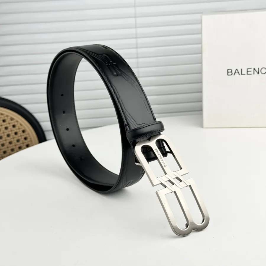 Balenciaga Men's BB Signature Belt In Black BB Monogram Calfskin With Gold/Silver Hardware 40mm
