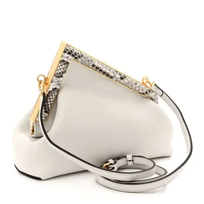 Fendi Small Fendi First White/Roccia Shiny Nappa & Snakeskin Leather Gold Hardware