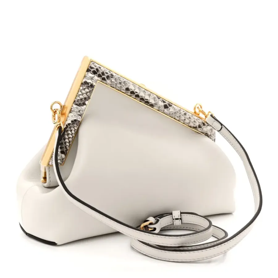 Fendi Small Fendi First White/Roccia Shiny Nappa & Snakeskin Leather Gold Hardware