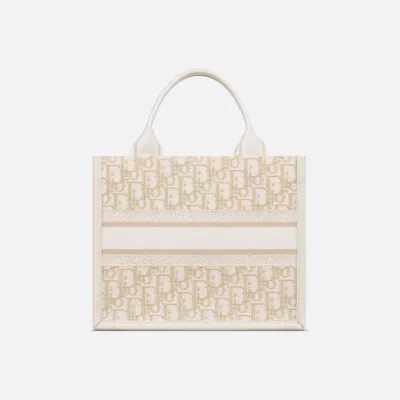 Dior Small Dior Book Tote In Natural Dior Oblique Embroidery And Calfskin Gold Hardware