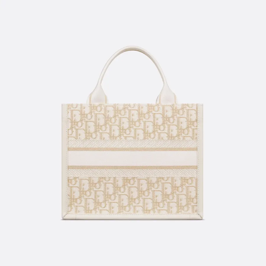 Dior Small Dior Book Tote In Natural Dior Oblique Embroidery And Calfskin Gold Hardware