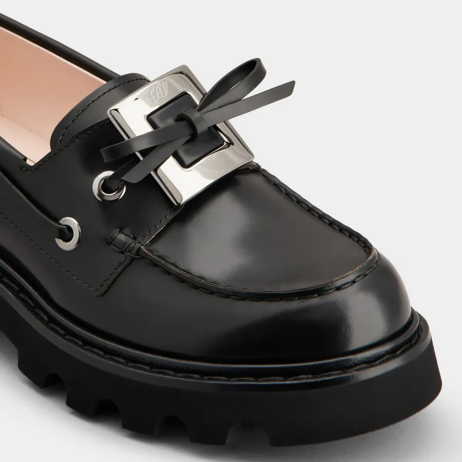 Roger Vivier Viv' Rangers Truck Boat Shoes Loafers In Black Leather With Metal Buckle (Heel Height 5cm)
