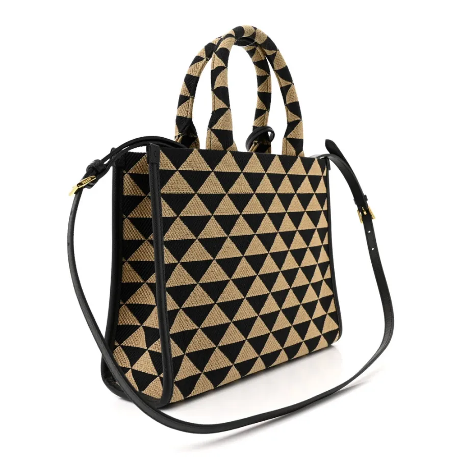 Prada Small Triangolo Symbole Embroidered Tote Black and Corda Jacquard Saffiano Leather Gold Hardware
