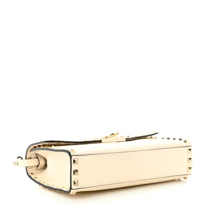 Valentino Garavani Medium Rockstud Flip Lock Crossbody Bag Light Ivory Pebbled Calfskin Leather Gold Hardware