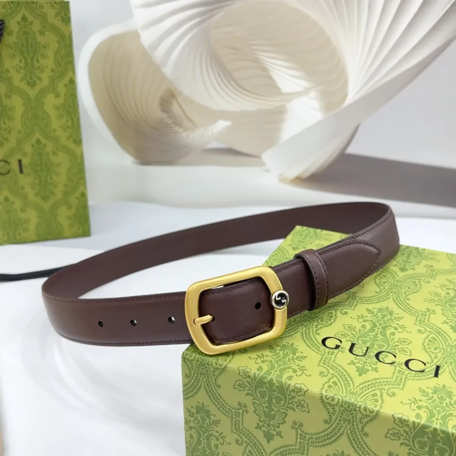 Gucci Women's Rectangular Buckle Belt In Black/Coffee/Brown/Red Smooth Calfskin With Gold Hardware 30mm
