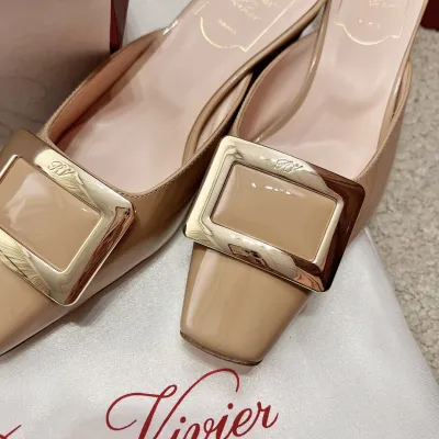 Roger Vivier Belle Vivier Mules Sandals In Red/Grey/Apricot/Beige/Pink/Black Patent Leather With Metal Buckle (Heel Height 4.5cm)