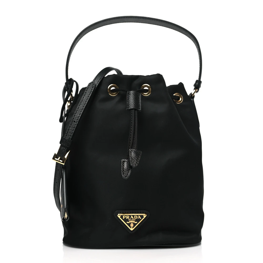 Prada Mini Re-Edition 1978 Bucket Bag Black Re-Nylon & Saffiano Leather Gold Hardware