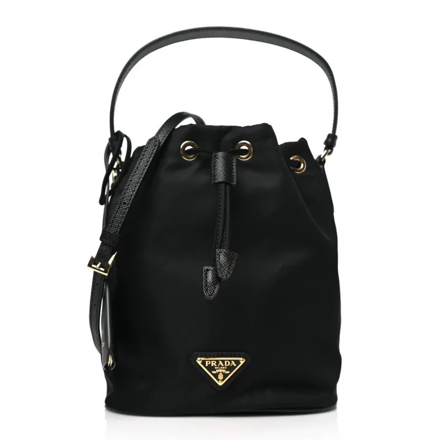 Prada Mini Re-Edition 1978 Bucket Bag Black Re-Nylon & Saffiano Leather Gold Hardware