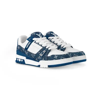 Louis Vuitton Trainer Series Same style for men and women light blue leather denim sneakers
