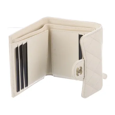 Chanel Small Compact Wallet White Quilted Leather Gold Hardware