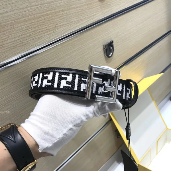 Fendi Men's FF Buckle Belt In Black/White FF Canvas With Gold/Silver Hardware 35mm - Image 3
