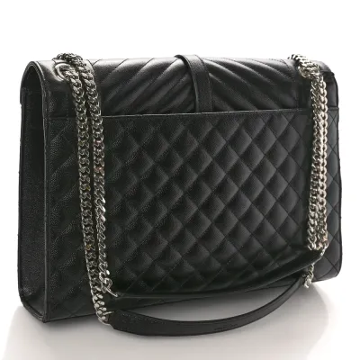 Saint Laurent Large Satchel Black Triquilt Monogram Grain De Poudre Textured Mixed Matelasse Leather Silver Hardware