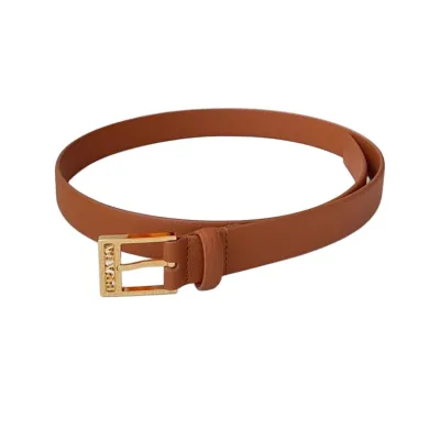 Prada Women' s Square Buckle Belt In Brown/Black/White Calfskin With Gold Hardware 25mm