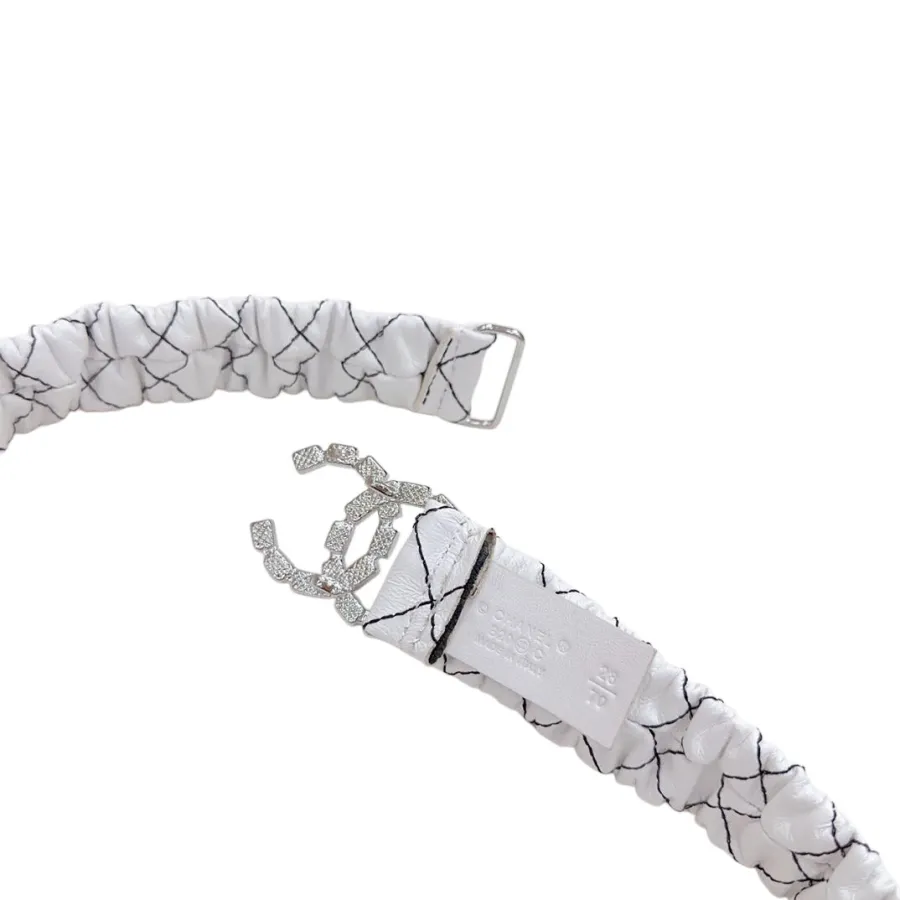 Chanel Women's CC Crystal Buckle Elastic Belt In Black/White Diamond Stitching Calfskin With Silver Hardware 30mm