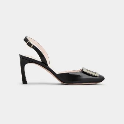 Roger Vivier Trompette Slingback Pumps High Heels In Black Patent Leather With Metal Buckle (Heel Height 7cm)