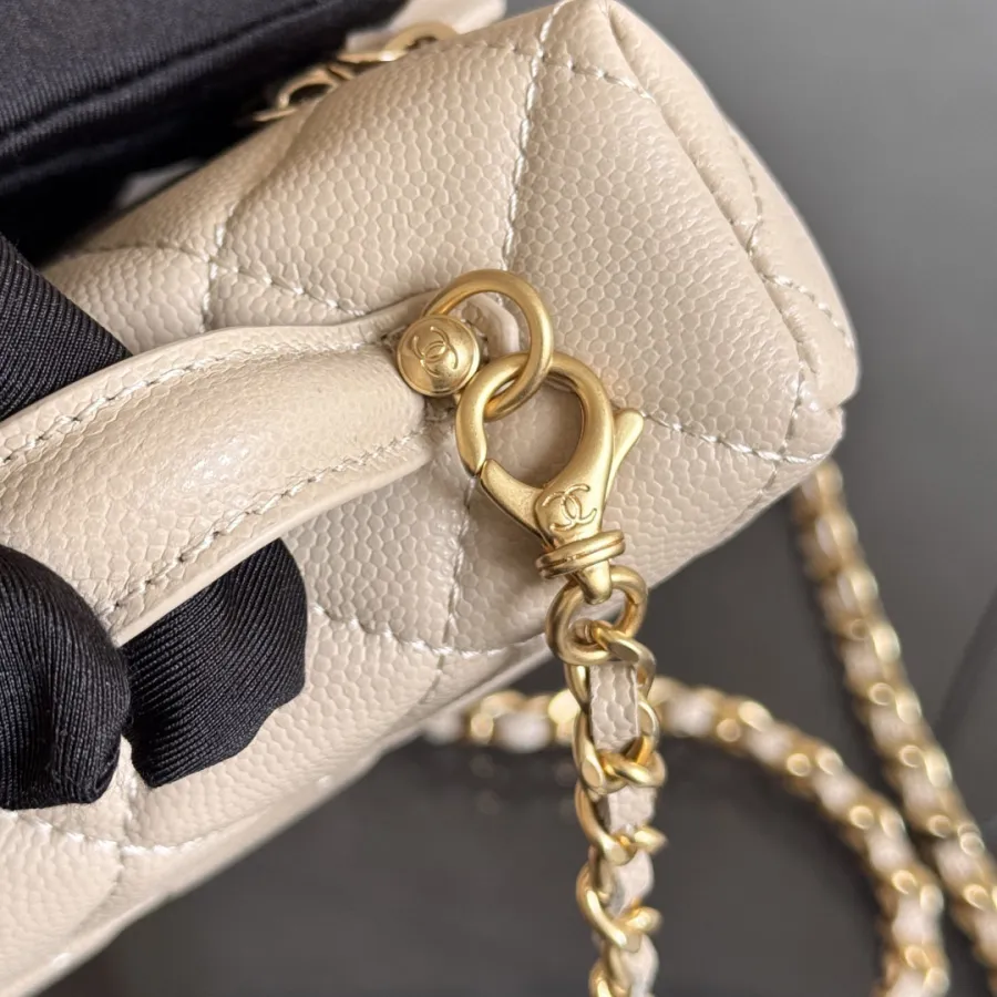 Chanel Apricot color / Yellow / Pink / white / Grey / Black  Quilted Caviar Leather handle makeup bag handbag