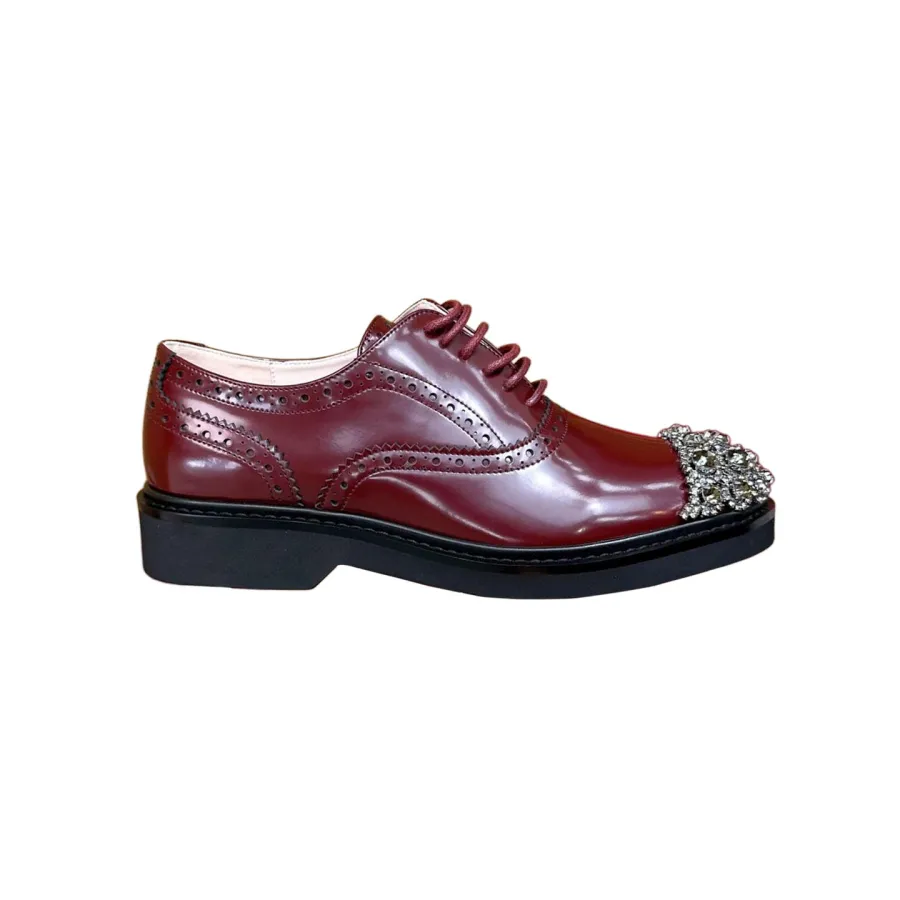 Roger Vivier Viv' Rangers Lace-Ups Loafers In White/Red Leather With Crystal Flowers