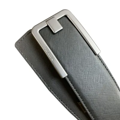 Prada Men' s Square Buckle Belt In Black Saffiano Calfskin With Gold/Silver Hardware 40mm