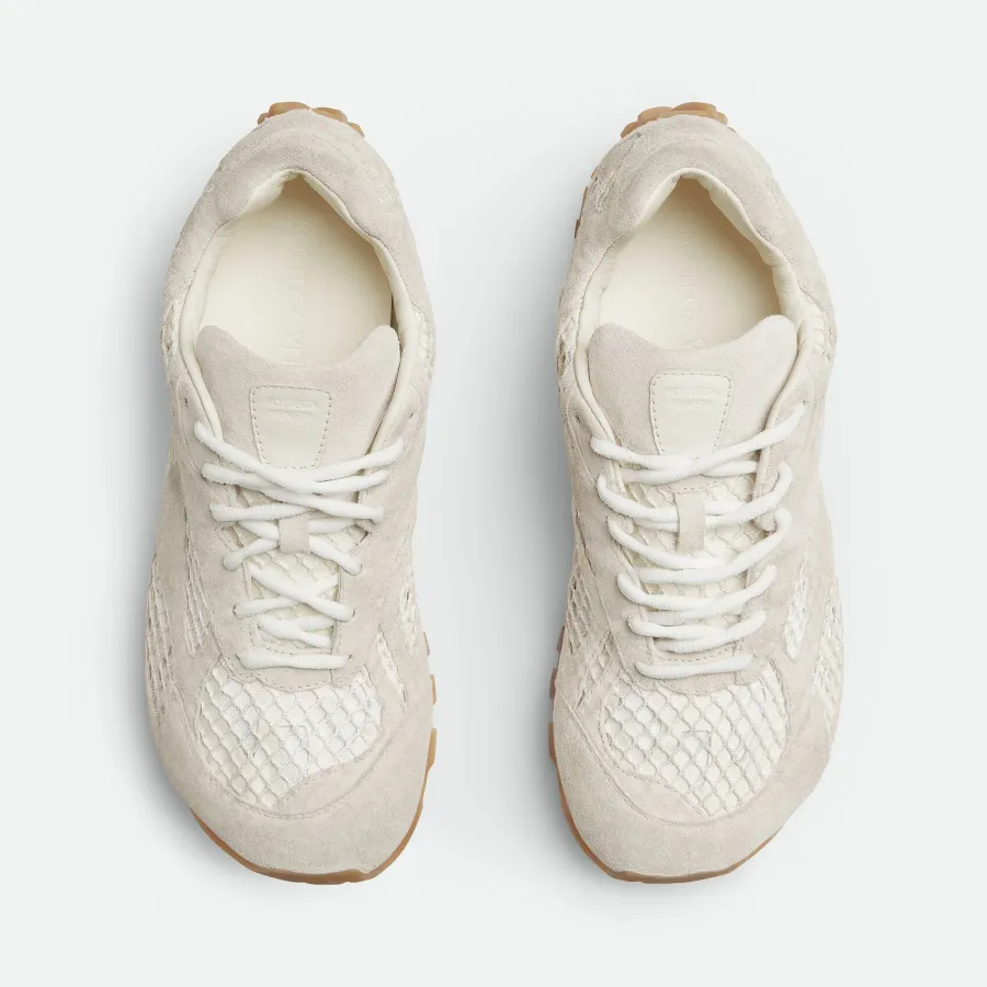 Bottega Veneta Orbit Flash Sneakers In Sea Salt Weathered Suede Leather And Mesh Lace-Up Sneaker