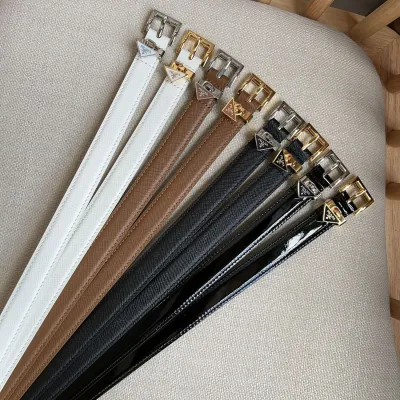 Prada Women' s Square Buckle Thin Belt In Black/Brown/White Calfskin With Gold/Silver Hardware 15mm