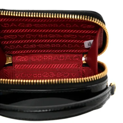 Prada Mini Metal Triangle Logo Pouch with Handle Black Vernice Leather Gold Hardware
