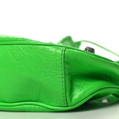 Balenciaga XS Crystal Le Cagole Shoulder Bag Fluo Green Agneau Arena Leather Silver Hardware