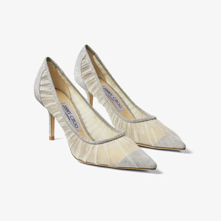 JIMMY CHOO Ivory white tulle cover metallic silver shimmer fabric heels
