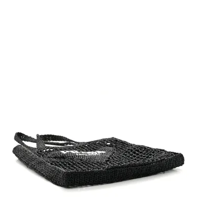 Prada Medium Effect Crochet Logo Embroidered Tote Bag Black Yarn Raffia