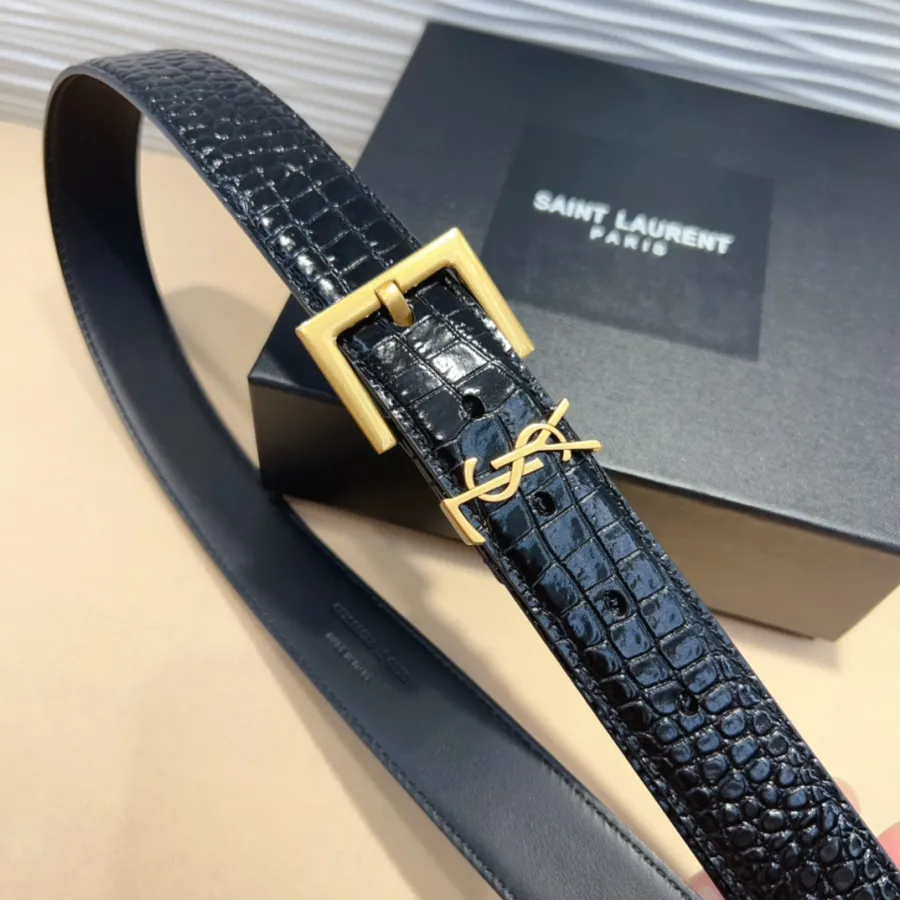 Saint Laurent Cassandre Belt In Black/Beige/Green Crocodile-Embossed Leather With Gold Hardware 30mm