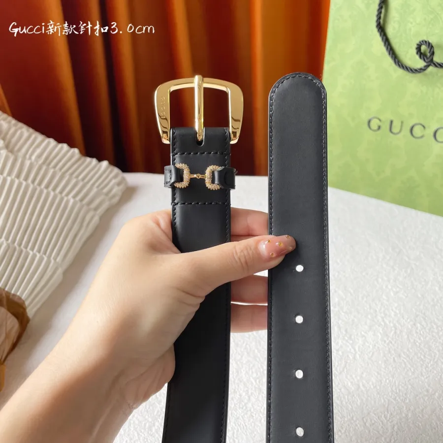 Gucci Women's Square Buckle With Beading Horsebit Thin Belt In White/Black Smooth Calfskin With Gold/Silver Hardware 30mm