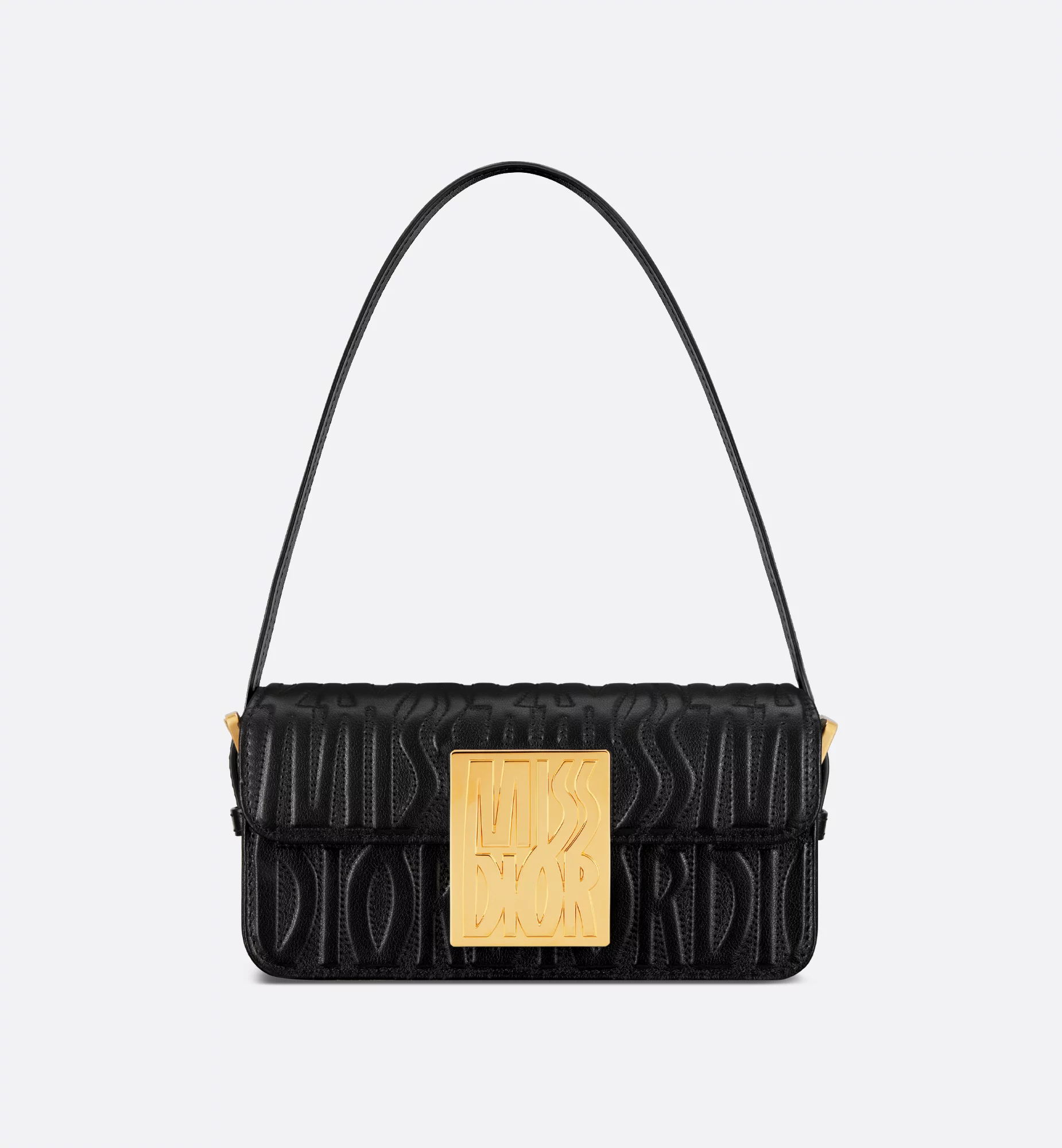 Bolsa Flap Miss Dior em Couro Bezerro Acolchoado Preto com Logo Miss Dior Total e Acabamento em Ouro