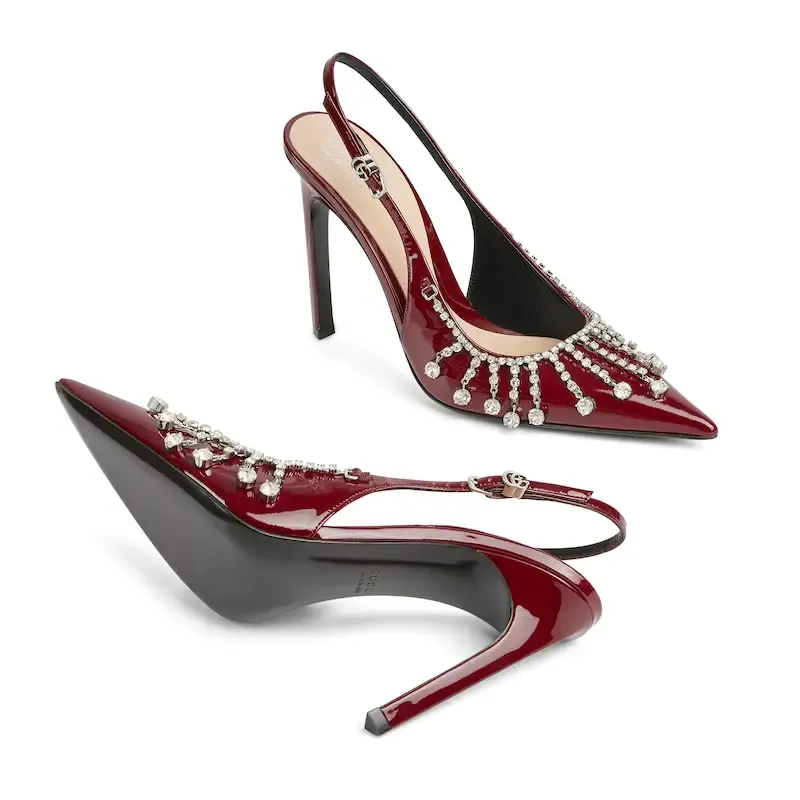 Gucci red pointed heels crystal high heels shoes Rear lace up high heels