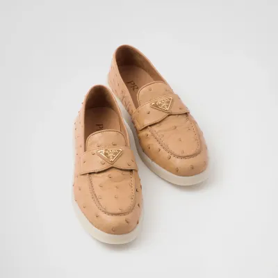 PRADA Neutral ostrich leather loafers