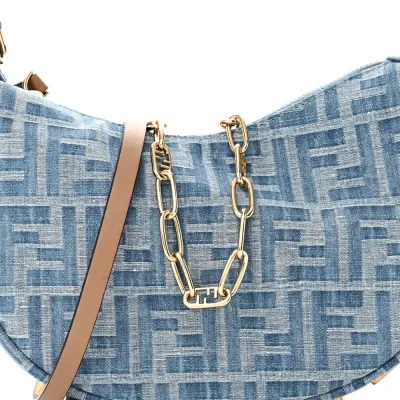 Fendi Mini FF Embroidered Fendigraphy Hobo Bag Blue/Sand Denim & King Vitello Leather Gold Hardware