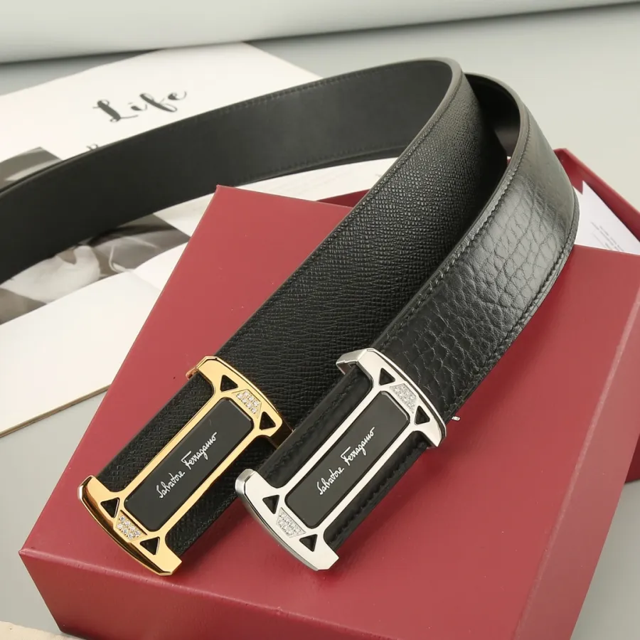 Ferragamo Men's Square Buckle With Crystal Belt In Black Calfskin With Gold/Silver Hardware 38mm
