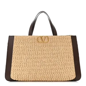 Valentino Garavani Medium VLogo Tote Naturale/Fondant Raffia & Calfskin Leather Gold Hardware