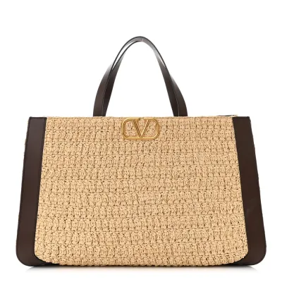 Valentino Garavani Medium VLogo Tote Naturale/Fondant Raffia & Calfskin Leather Gold Hardware