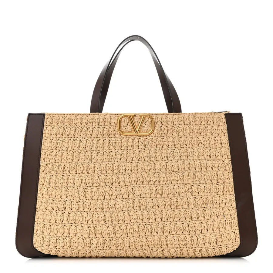 Valentino Garavani Medium VLogo Tote Naturale/Fondant Raffia & Calfskin Leather Gold Hardware
