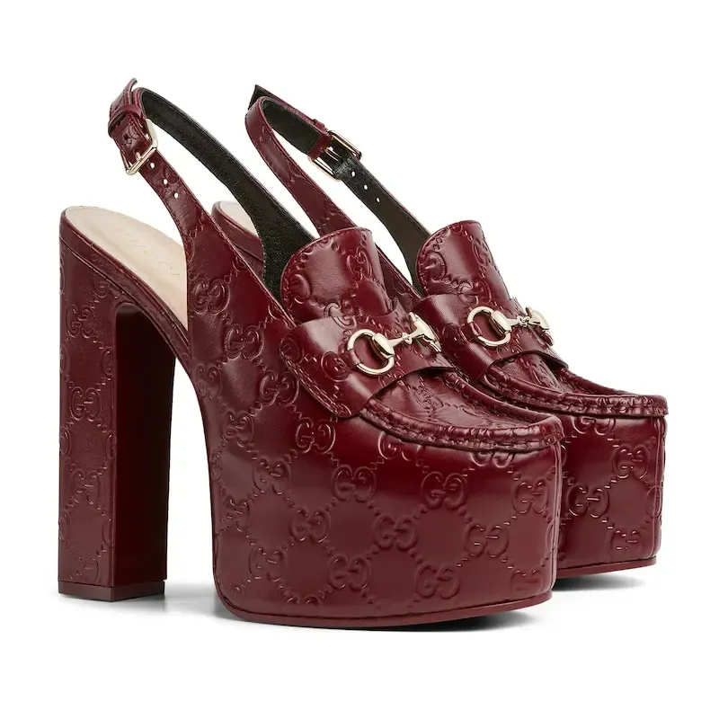 Gucci red thick soled rear lace up high heels