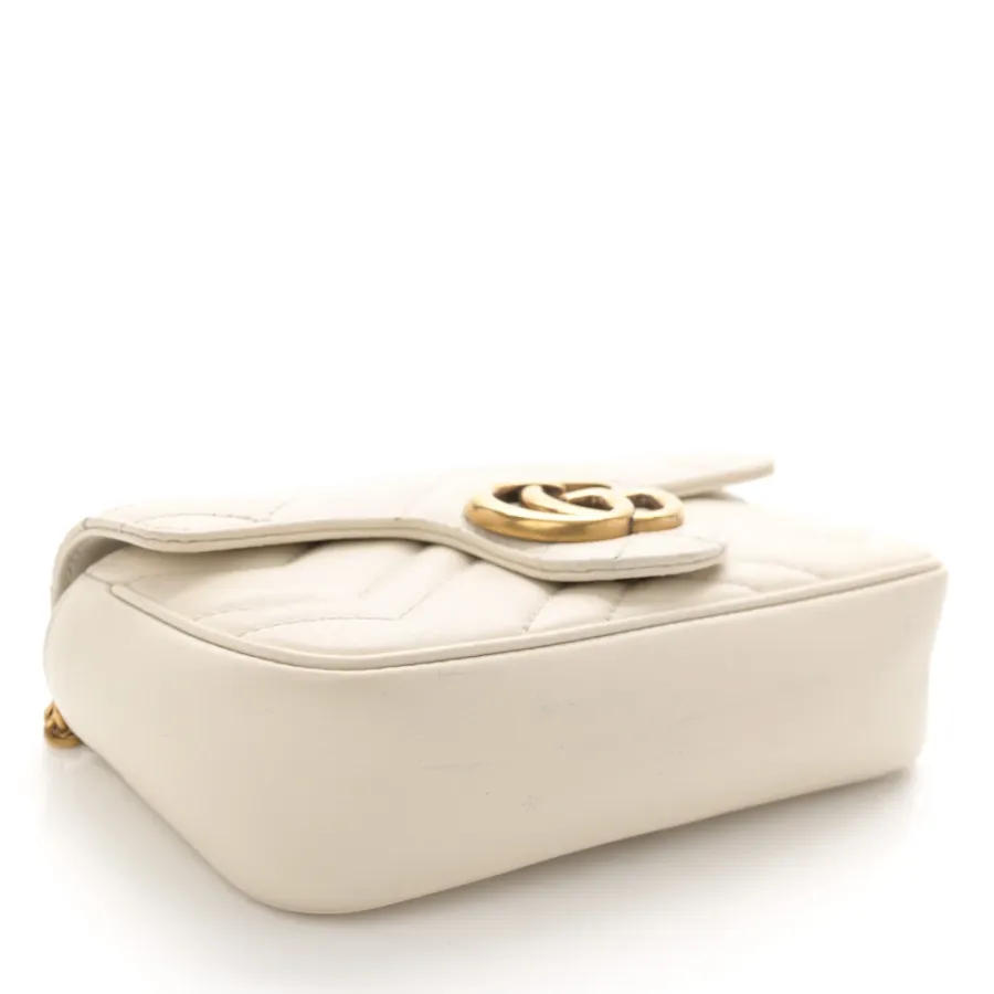 Gucci Mini GG Marmont Shoulder Bag White Calfskin Matelassé Super Leather Aged Gold Hardware
