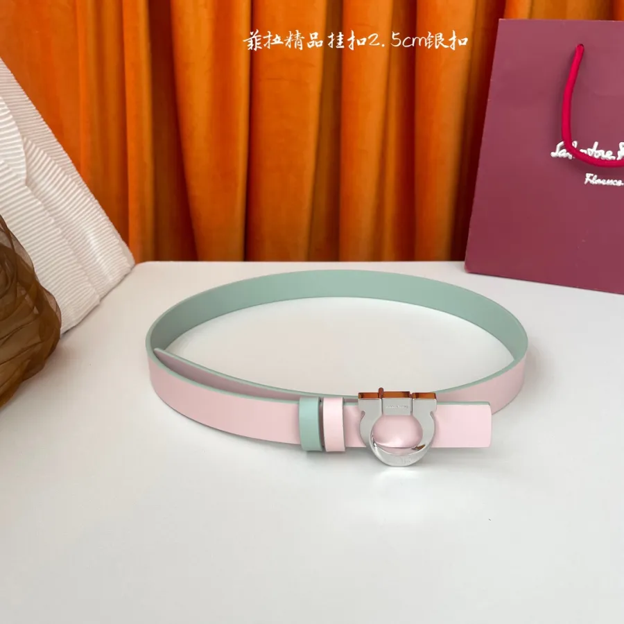 Ferragamo Women's Gancini Reversible Fixed Belt In Mint Blue/Blue/Red/Black/Pink Calfskin With Gold/Silver Hardware 25mm