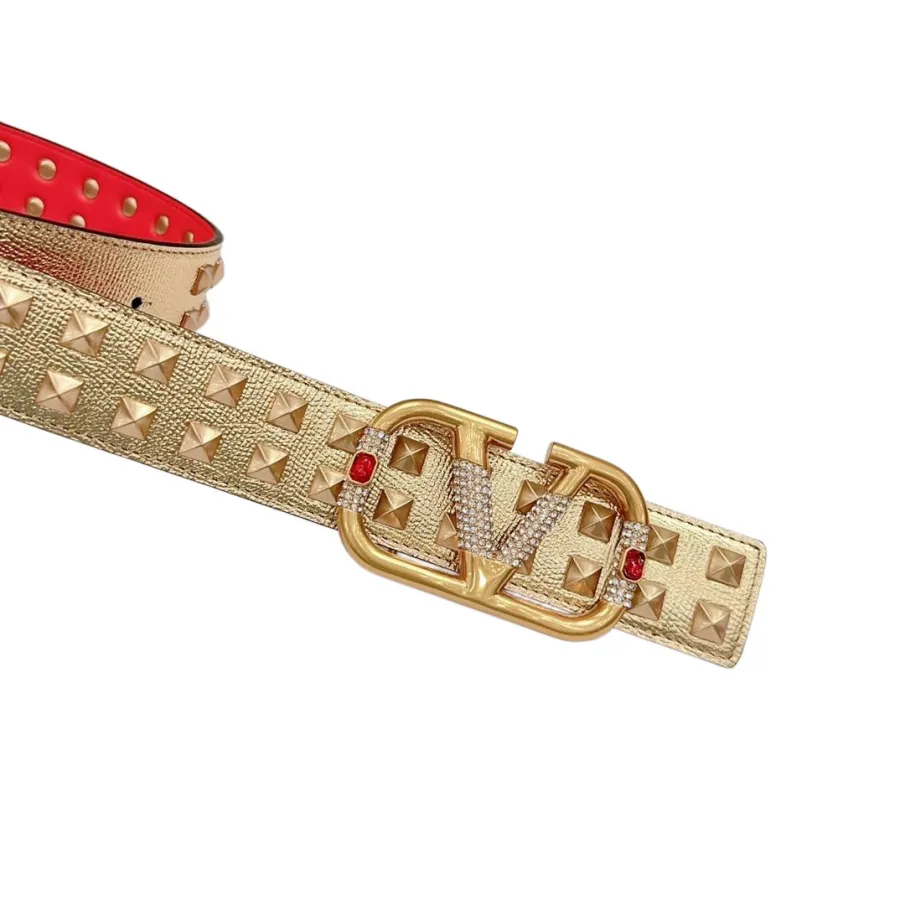 Valentino V Buckle Belt In Gold/Black Red/Black Calfskin With Gold Hardware And Rockstud 40mm
