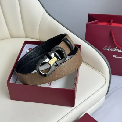 Ferragamo Men's Double Gancini Buckle Reversible Belt In Black/Brown Grained Calfskin With Gold/Silver/Black Hardware 35mm