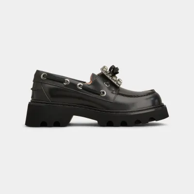 Roger Vivier Viv' Rangers Truck Boat Shoes Loafers In Black Leather With Crystal Buckle (Heel Height 4.5cm)